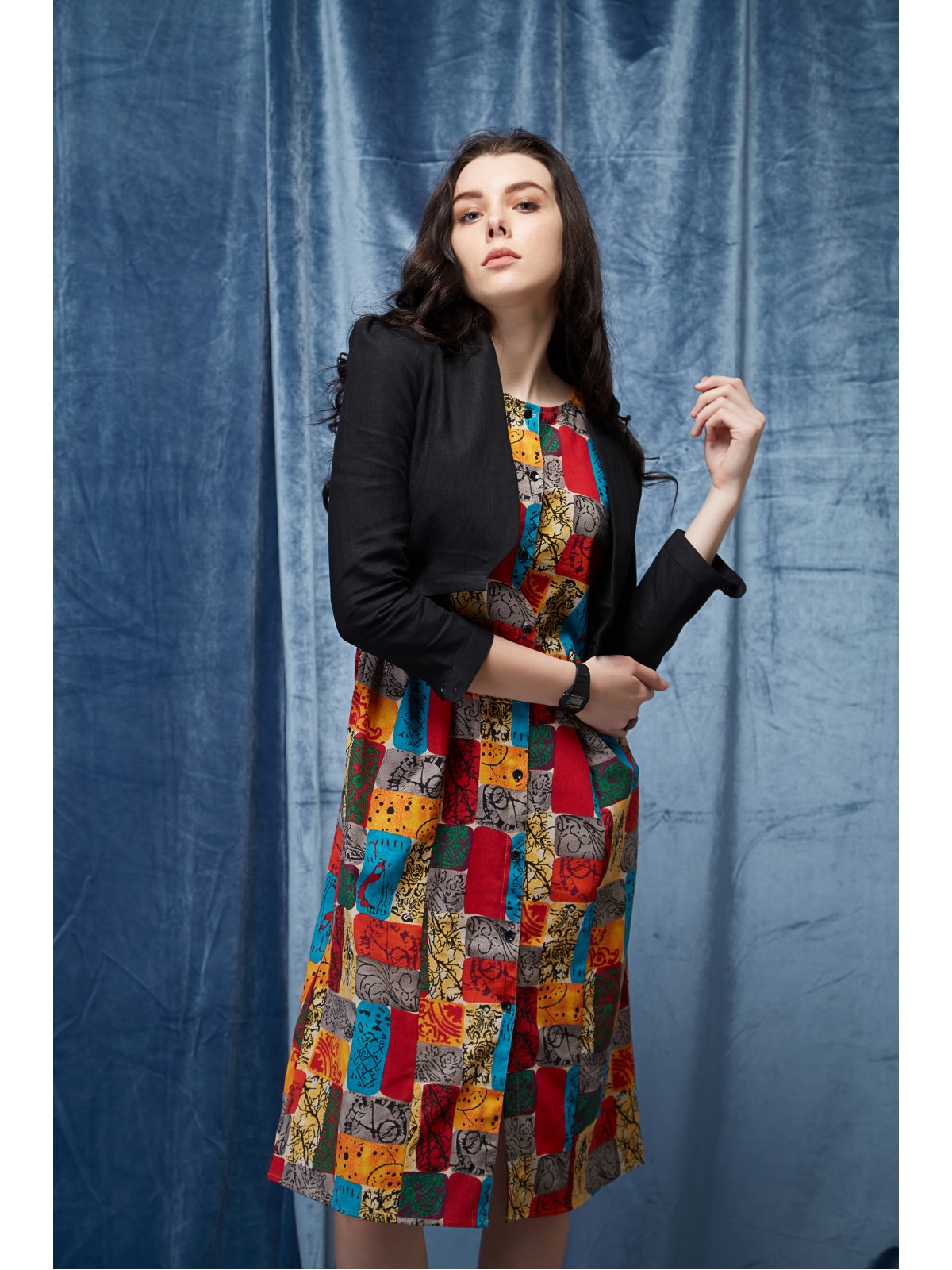Sophisticated Multi Colored Long Shirt Dress With Elegant Jacket 